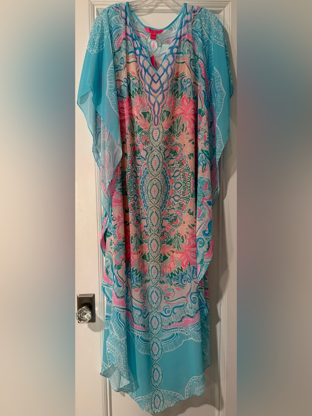 Lilly Pulitzer Kassandra Maxi Caftan Paisley Blue & Pink Size Small/Medium